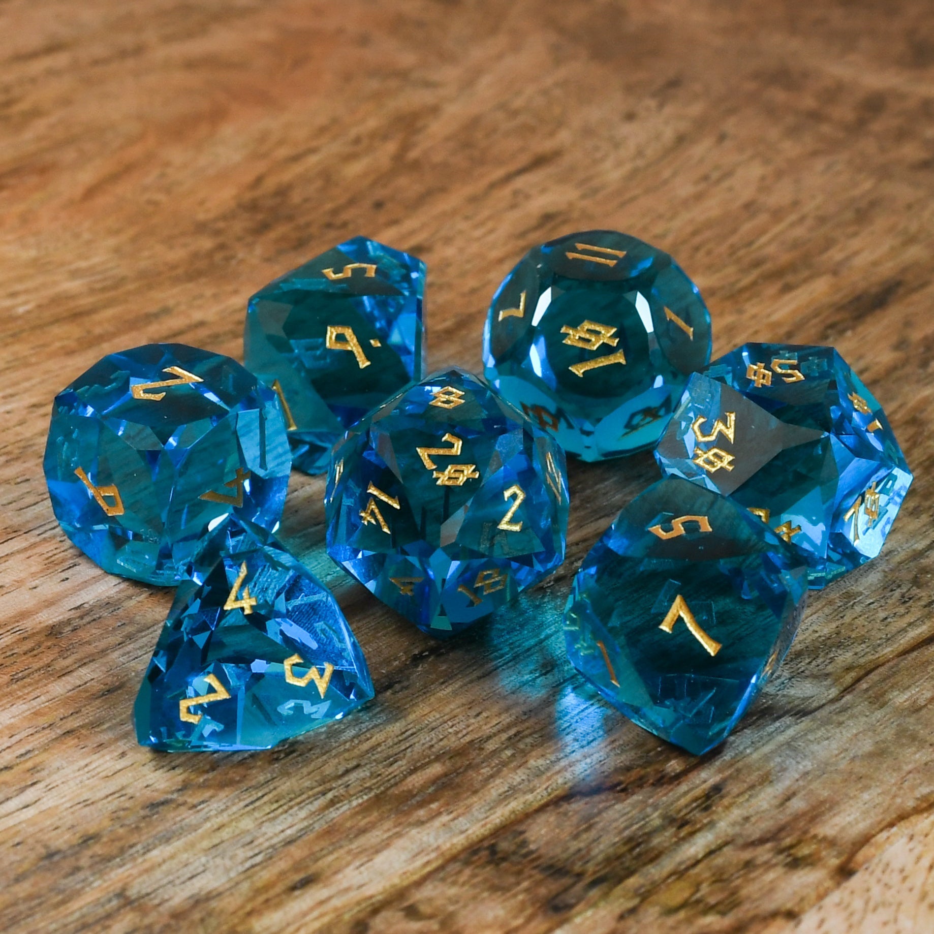 Aquamarine Multifaceted Glass Dice Set Misty Mountain Gaming