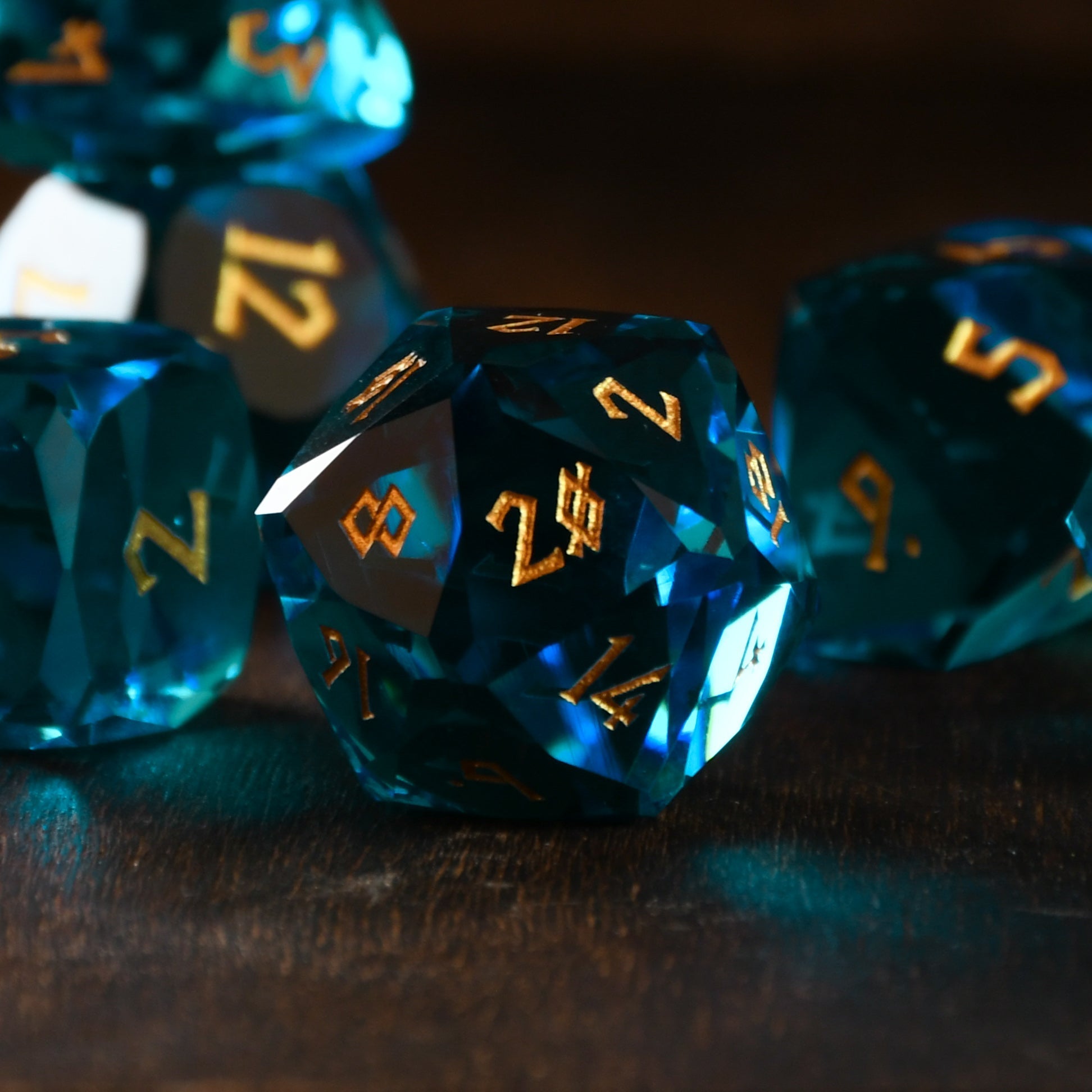 Aquamarine Multifaceted Glass Dice Set Misty Mountain Gaming