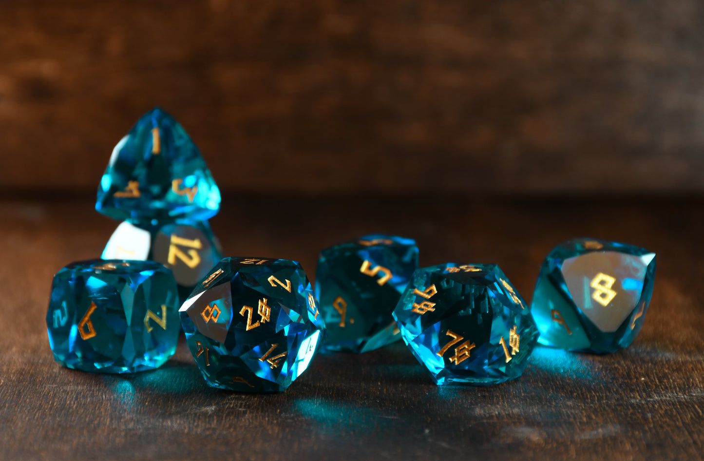 Aquamarine Multifaceted Glass Dice Set Misty Mountain Gaming