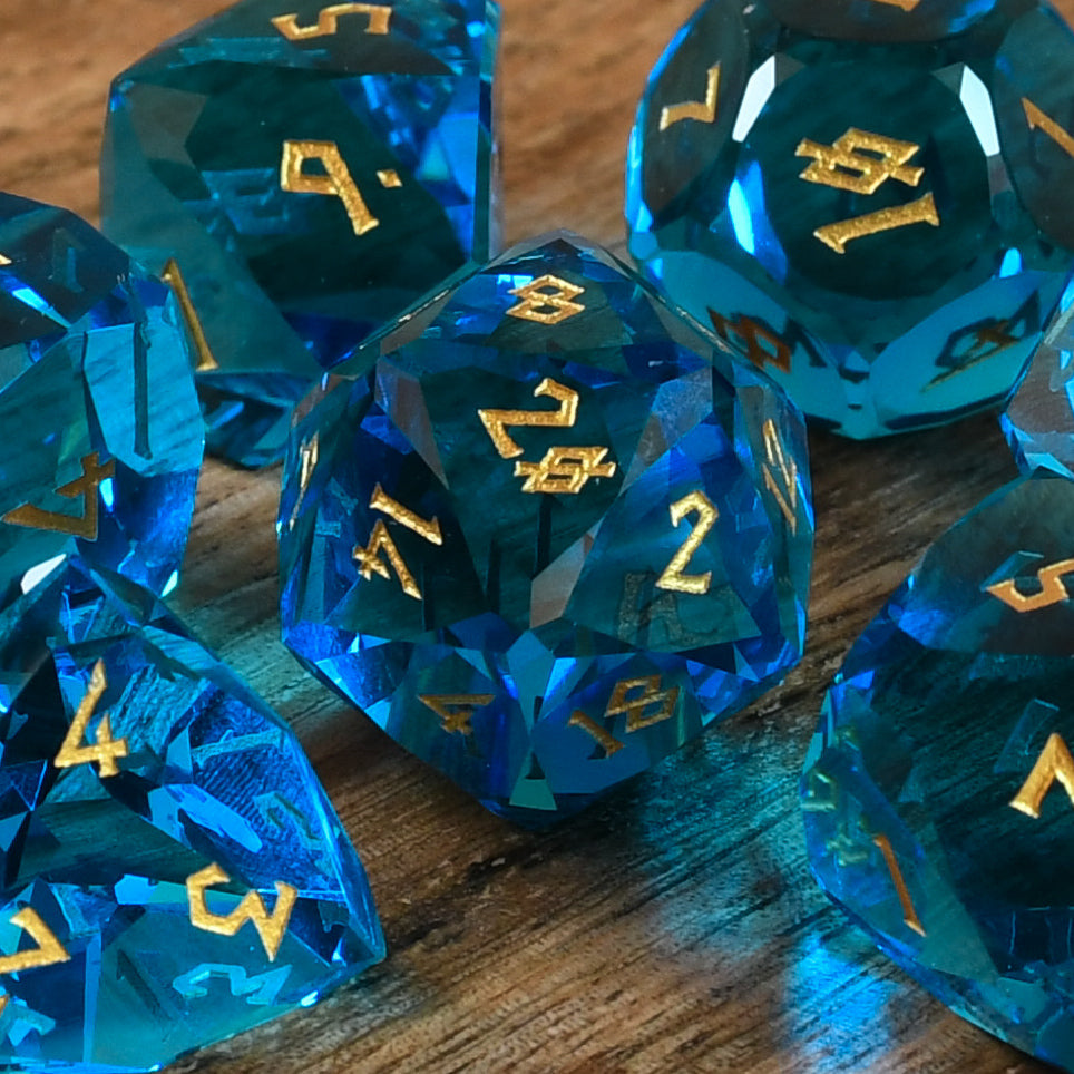 Aquamarine Multifaceted Glass Dice Set Misty Mountain Gaming