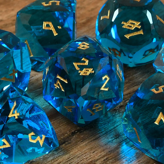 Aquamarine Multifaceted Glass Dice Set Misty Mountain Gaming