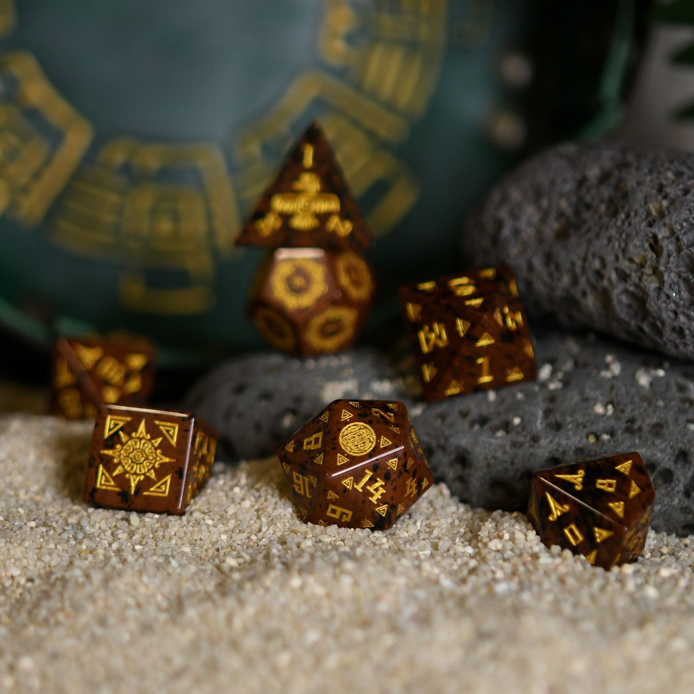 Aztec Mahogany Obsidian Stone Dice Set - Dice Around the World Collection Misty Mountain Gaming