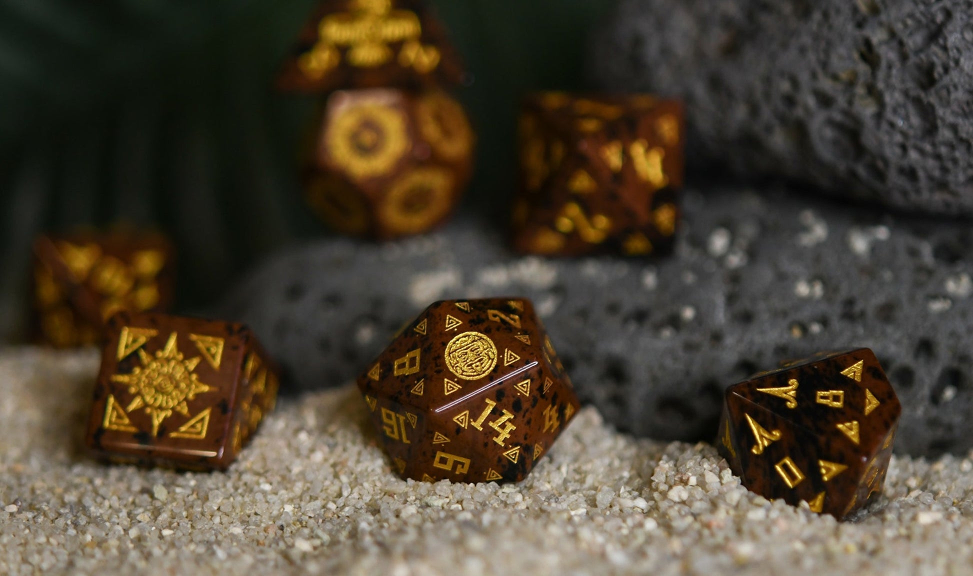 Aztec Mahogany Obsidian Stone Dice Set - Dice Around the World Collection Misty Mountain Gaming