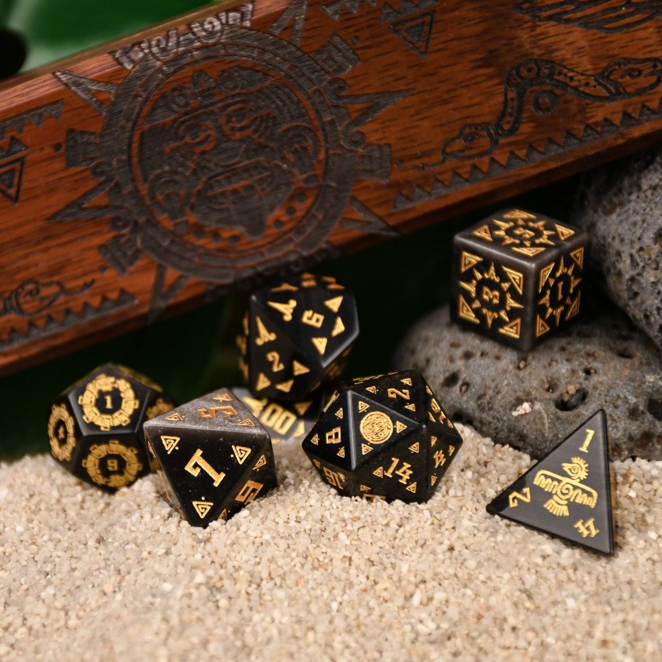 Aztec Silver Sheen Obsidian Stone Dice Set - Dice Around the World Collection Misty Mountain Gaming