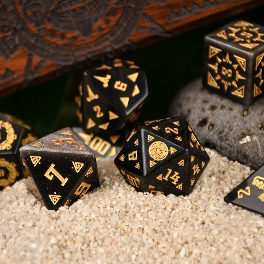 Aztec Silver Sheen Obsidian Stone Dice Set - Dice Around the World Collection Misty Mountain Gaming