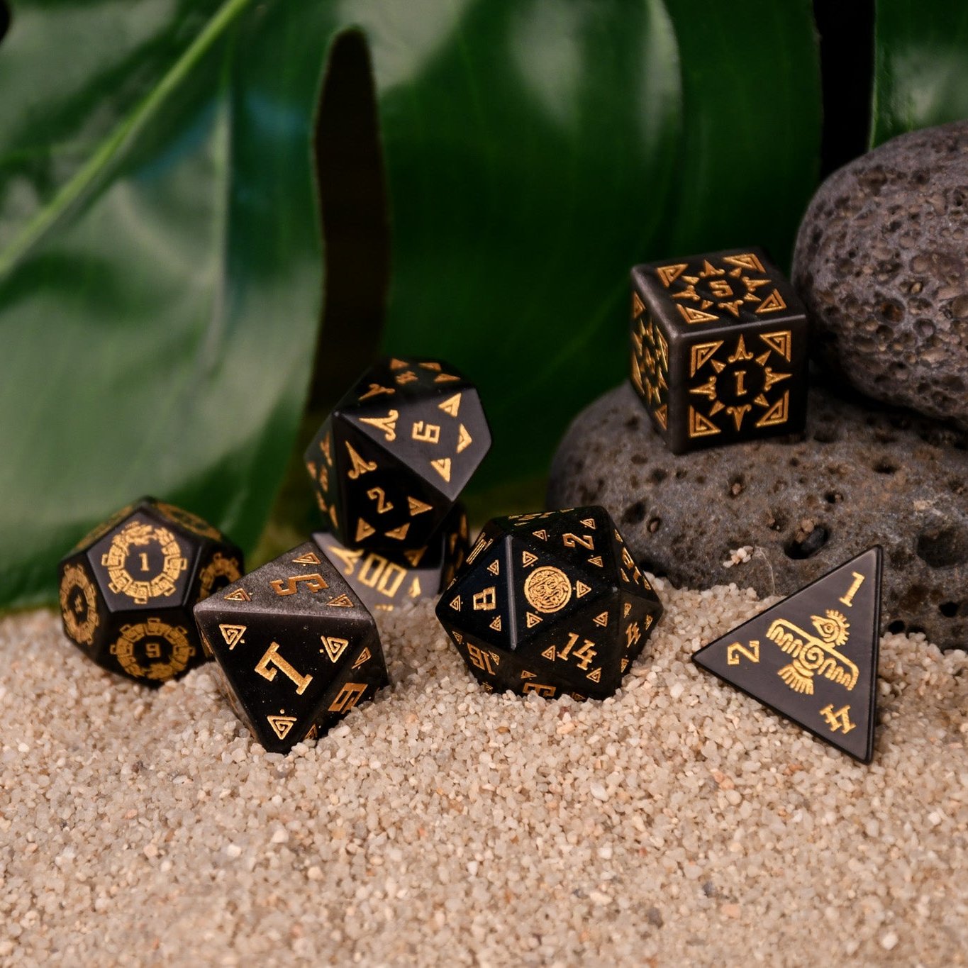 Aztec Silver Sheen Obsidian Stone Dice Set - Dice Around the World Collection Misty Mountain Gaming