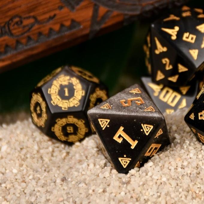 Aztec Silver Sheen Obsidian Stone Dice Set - Dice Around the World Collection Misty Mountain Gaming