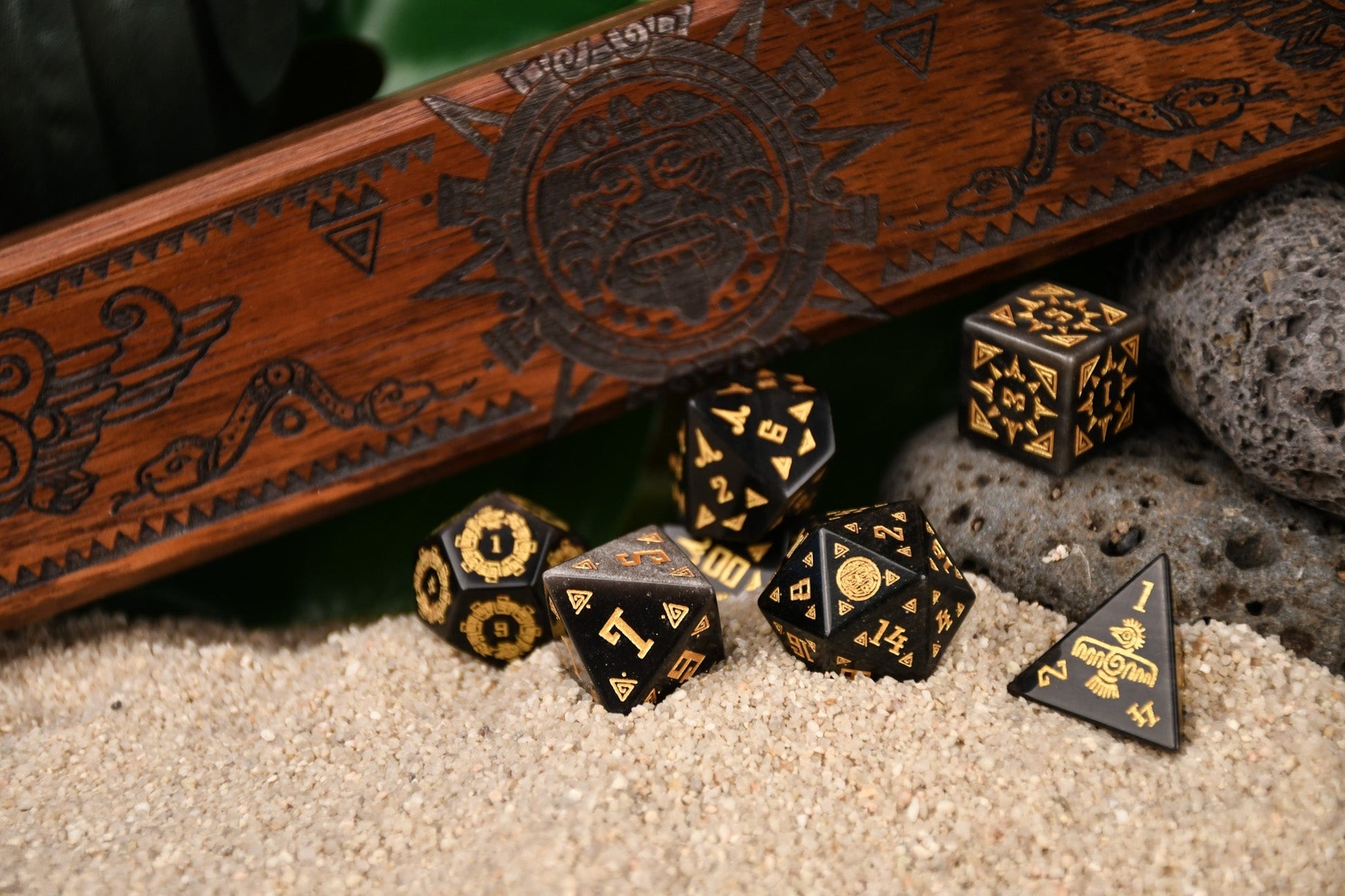 Aztec Silver Sheen Obsidian Stone Dice Set - Dice Around the World Collection Misty Mountain Gaming