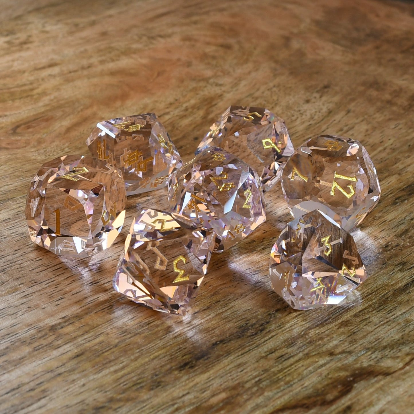 Baby Pink Topaz Multifaceted Glass Dice Set Misty Mountain Gaming