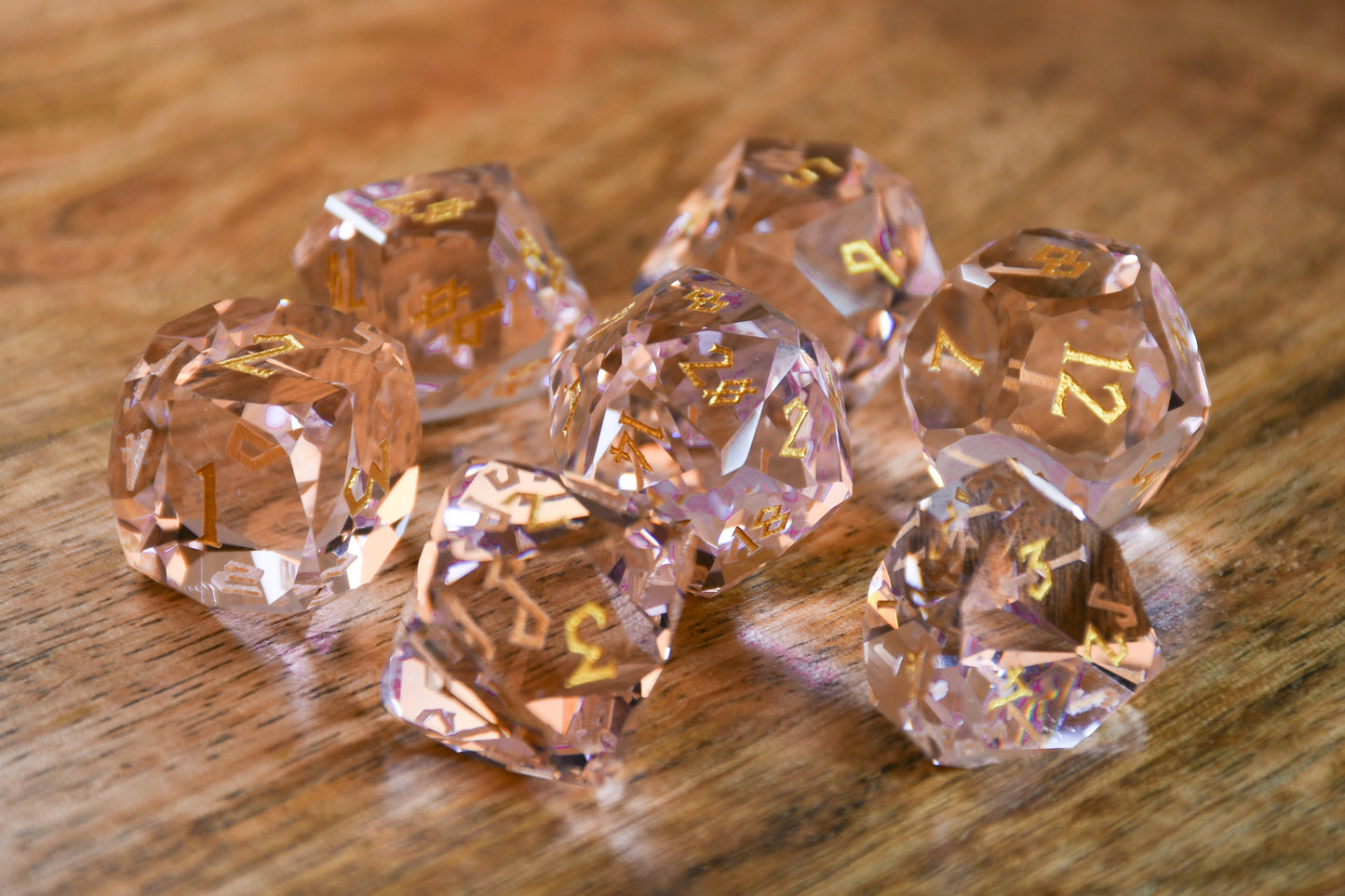 Baby Pink Topaz Multifaceted Glass Dice Set Misty Mountain Gaming