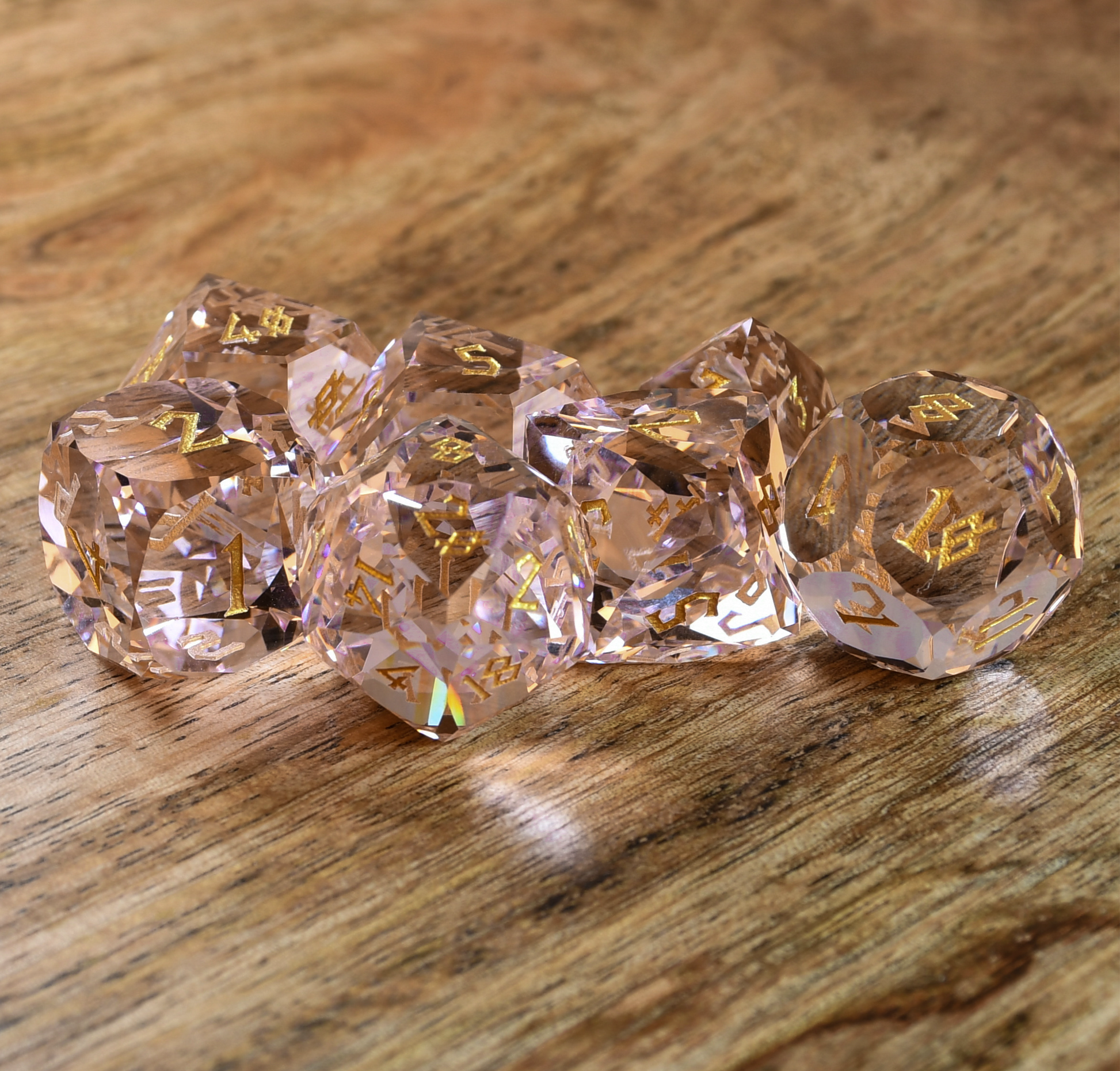 Baby Pink Topaz Multifaceted Glass Dice Set Misty Mountain Gaming