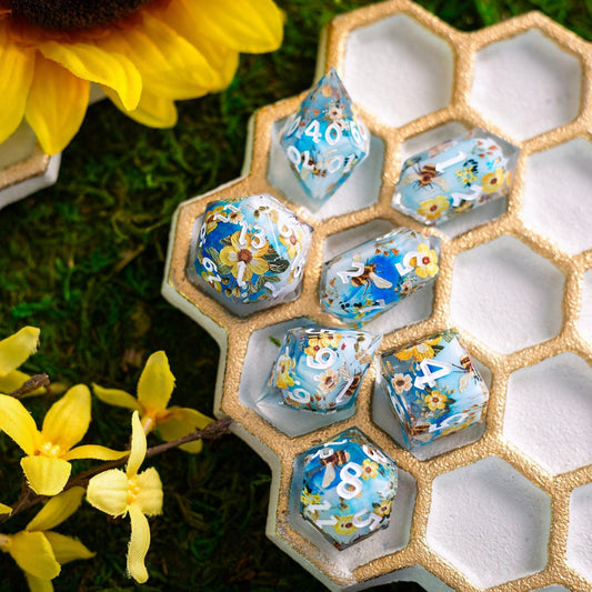 Bees And Flower Handmade Resin DND Dice Set Runic Dice