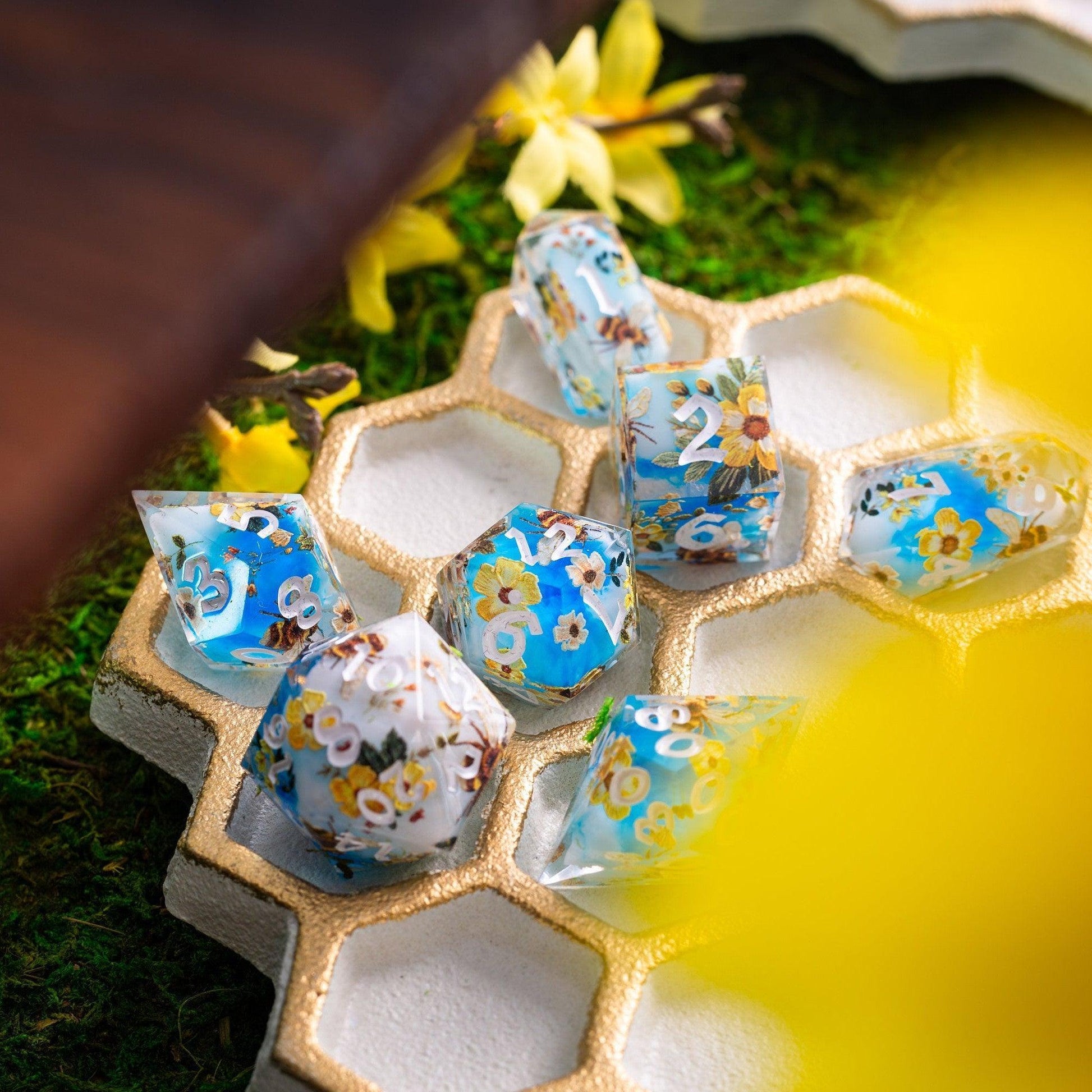 Bees And Flower Handmade Resin DND Dice Set Runic Dice