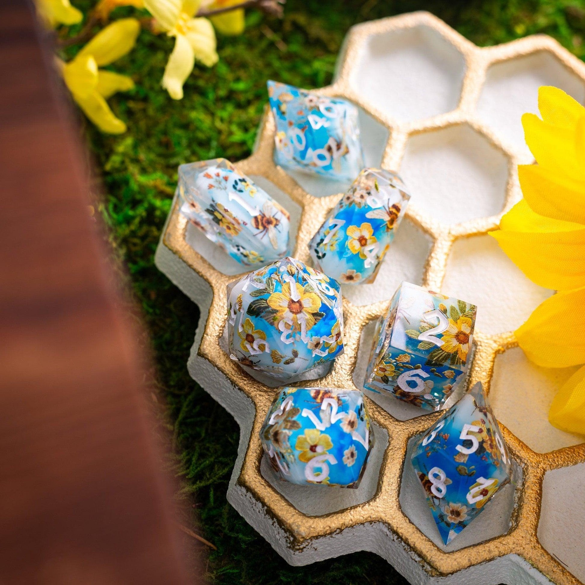 Bees And Flower Handmade Resin DND Dice Set Runic Dice