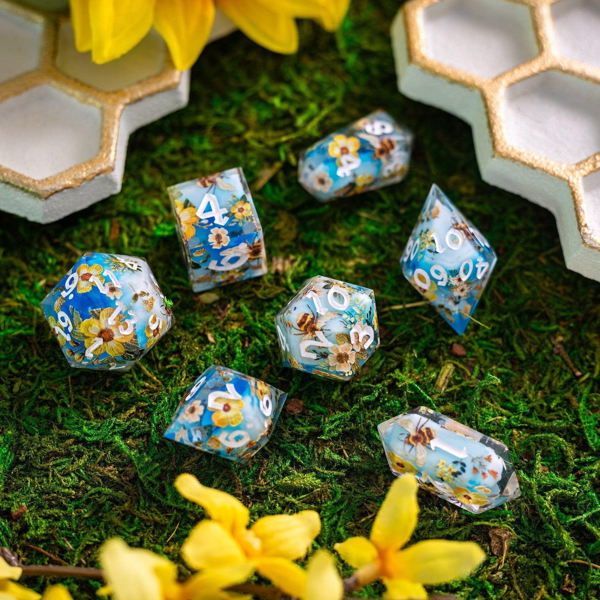 Bees And Flower Handmade Resin DND Dice Set Runic Dice