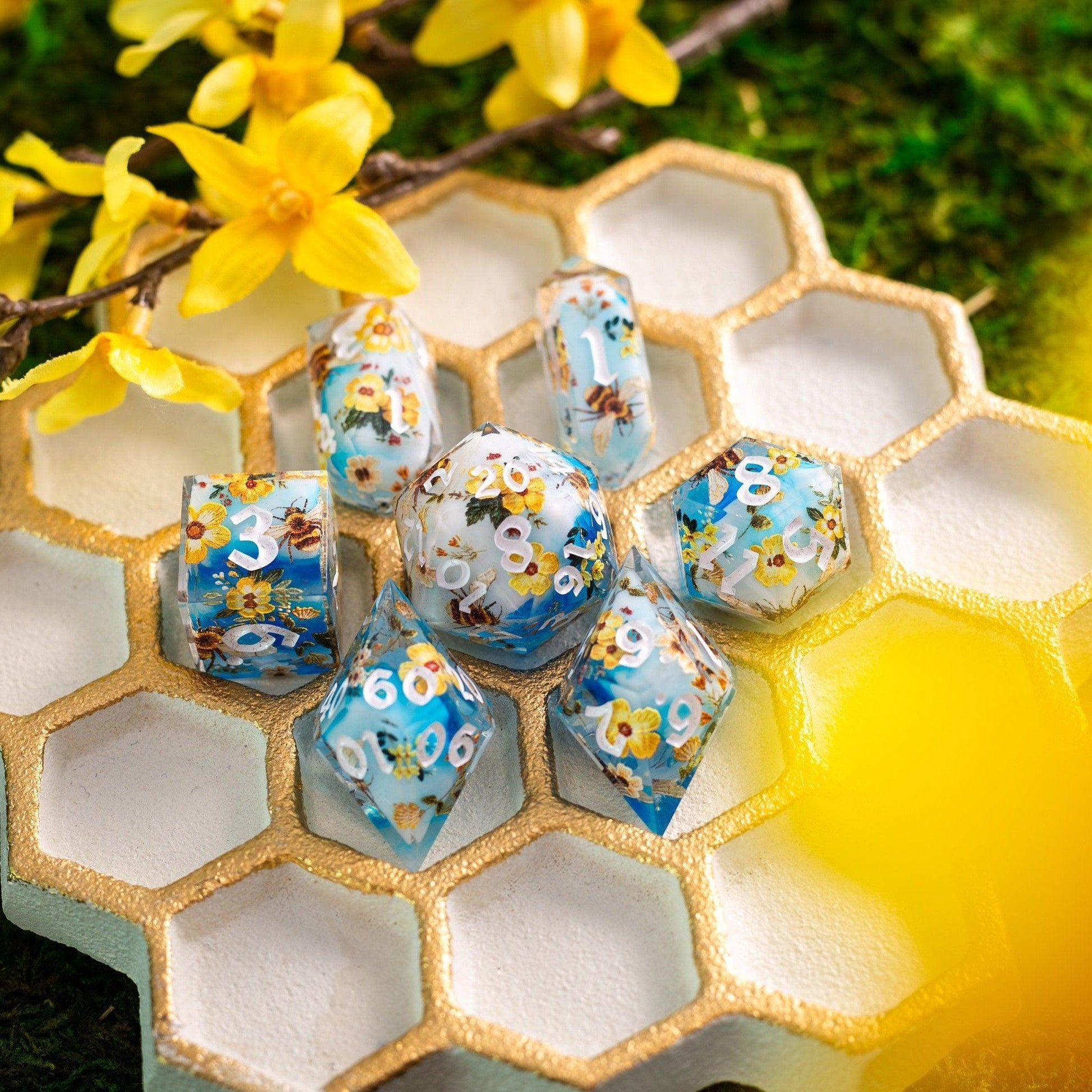 Bees And Flower Handmade Resin DND Dice Set Runic Dice
