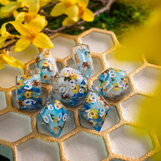 Bees And Flower Handmade Resin DND Dice Set Runic Dice