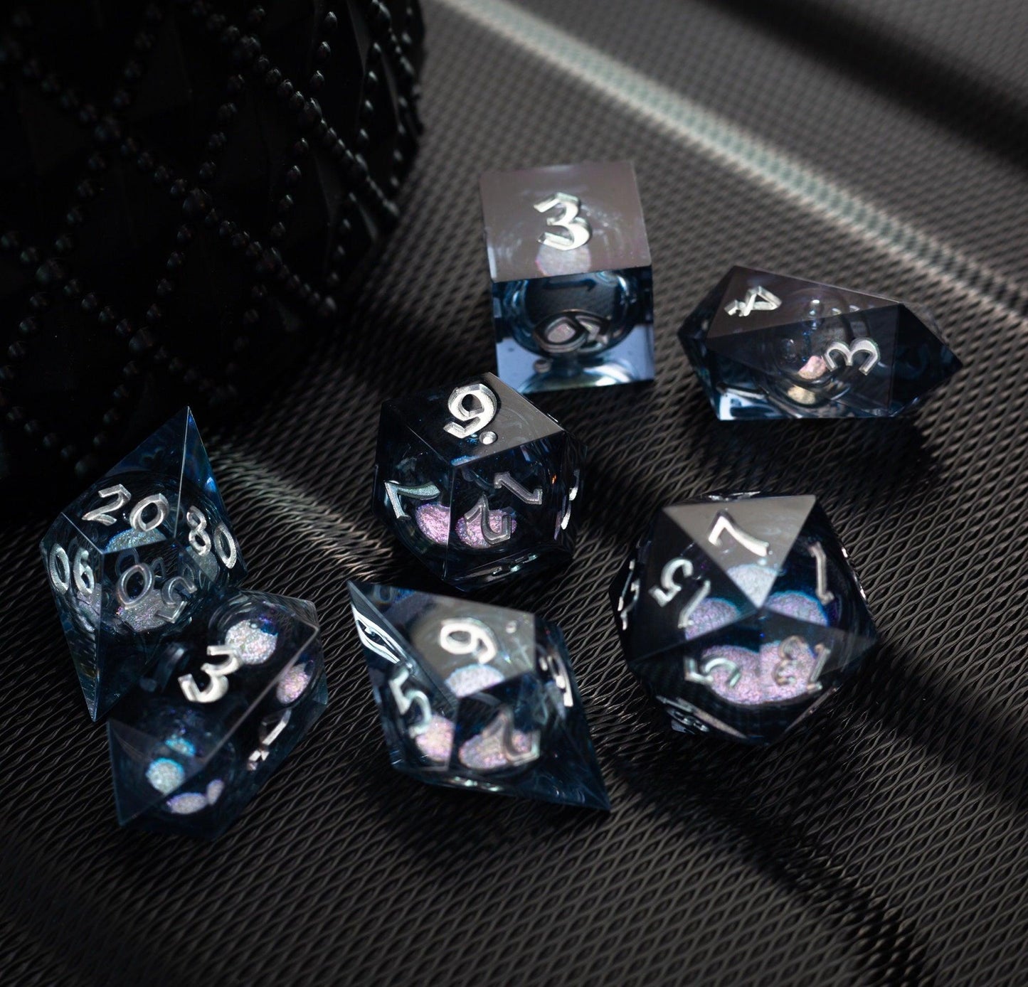 Black And Silver Glitter Liquid Core Handmade Resin DND Dice Set Runic Dice