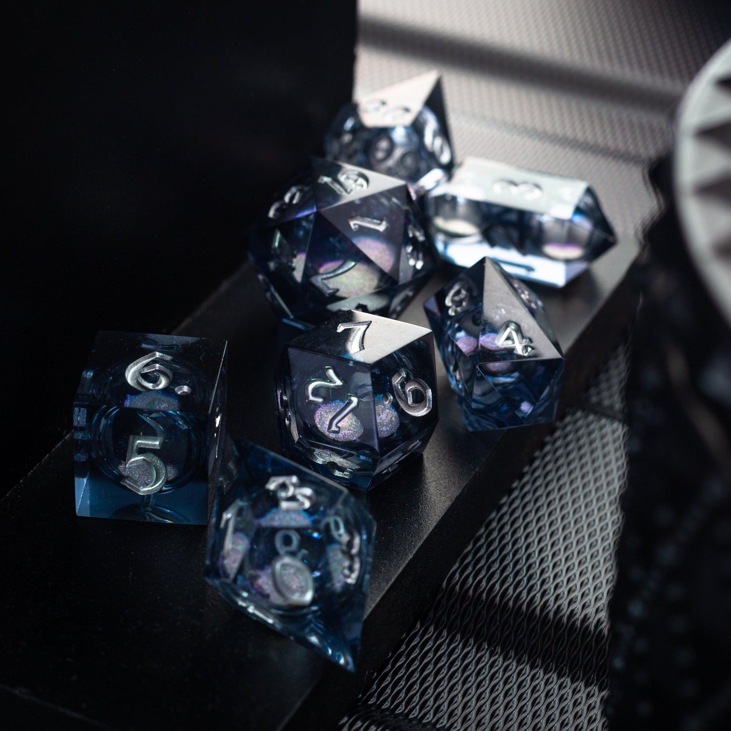 Black And Silver Glitter Liquid Core Handmade Resin DND Dice Set Runic Dice