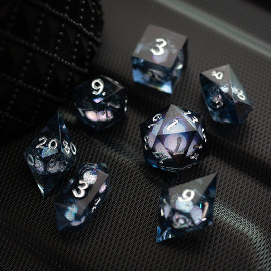 Black And Silver Glitter Liquid Core Handmade Resin DND Dice Set Runic Dice