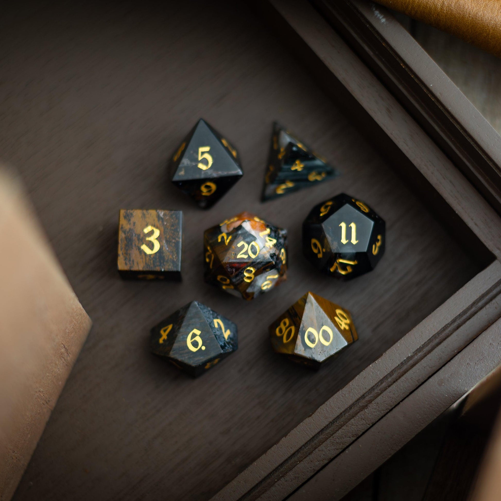 Black Gemstone Eagle Eye Hand Carved DND Dice Set Runic Dice