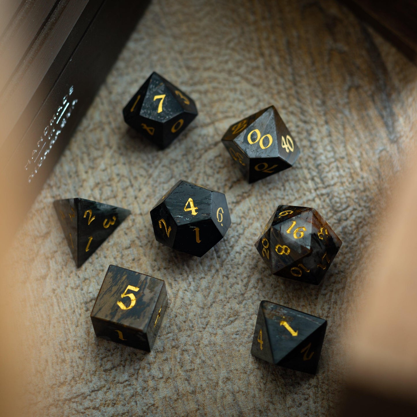 Black Gemstone Eagle Eye Hand Carved DND Dice Set Runic Dice