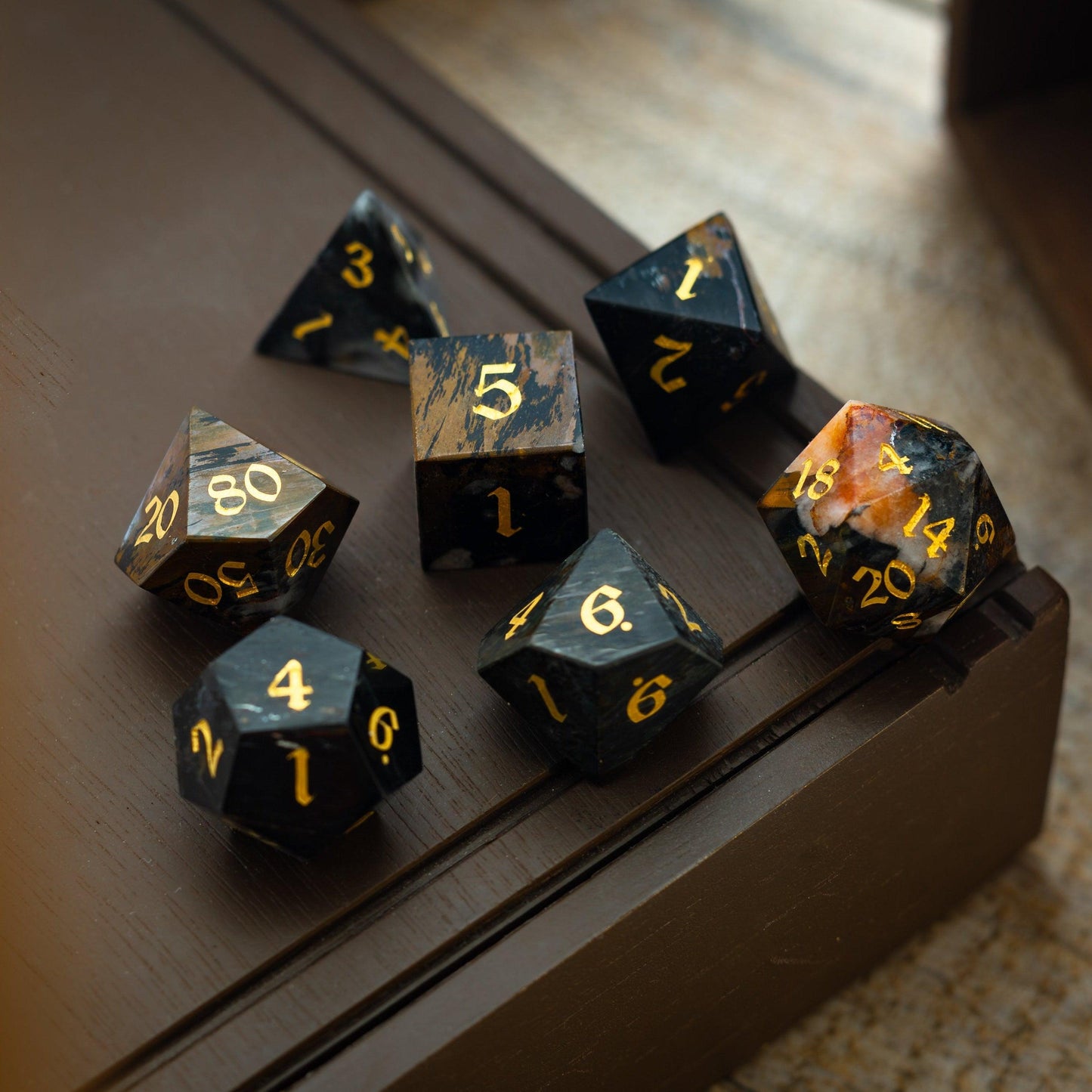Black Gemstone Eagle Eye Hand Carved DND Dice Set Runic Dice