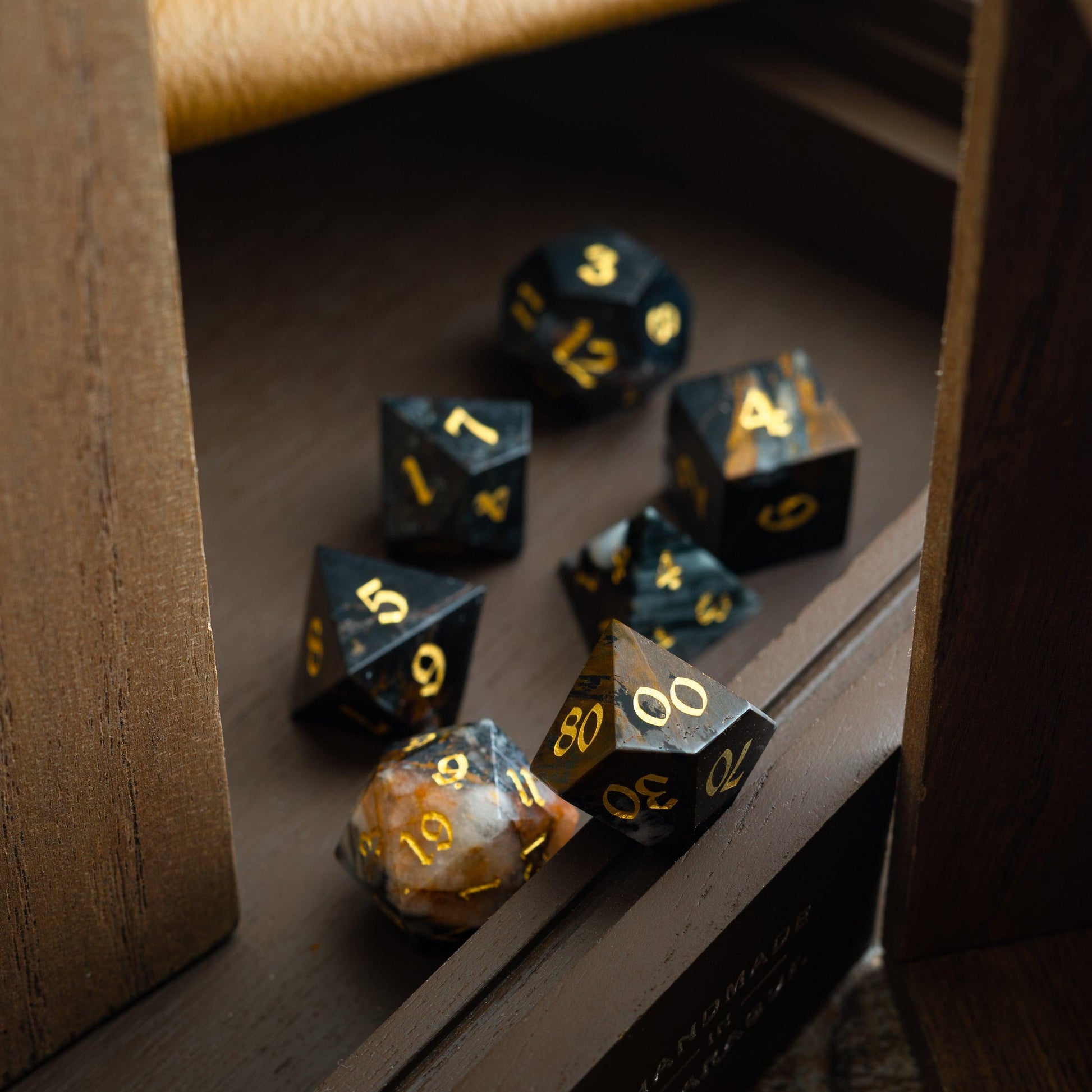 Black Gemstone Eagle Eye Hand Carved DND Dice Set Runic Dice