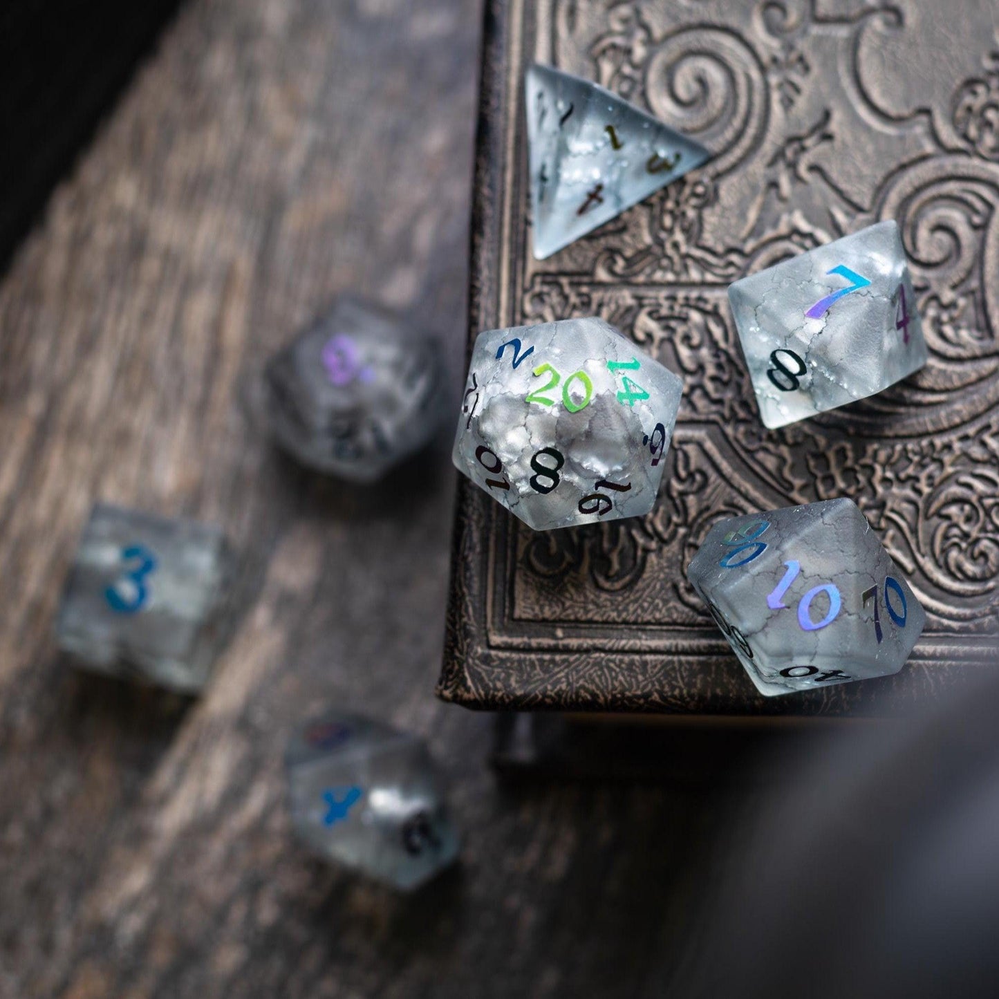 Black Inked Lightning Cracked Glass DND Dice Set Runic Dice
