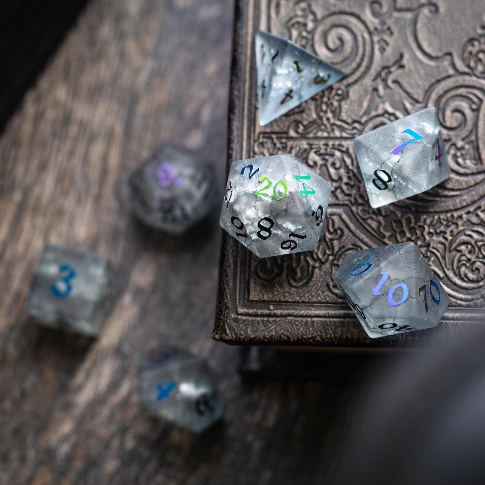 Black Inked Lightning Cracked Glass DND Dice Set Runic Dice