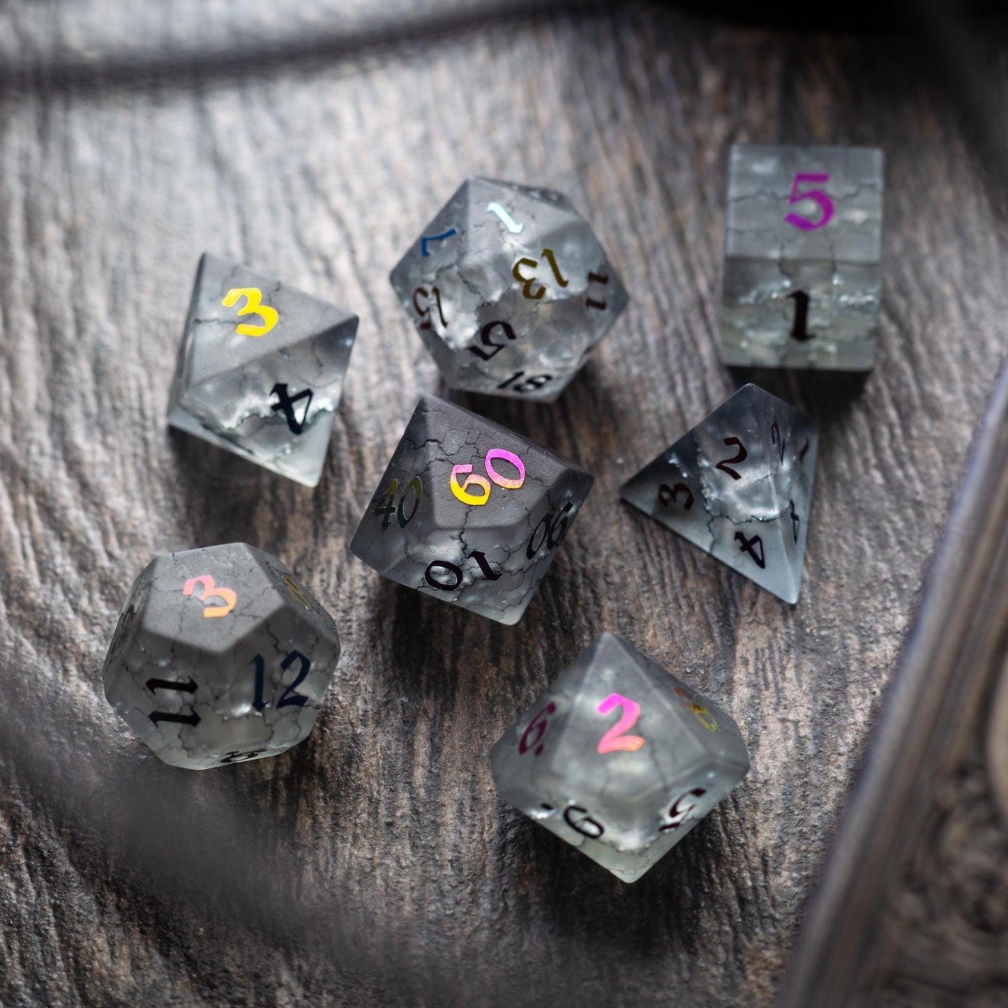 Black Inked Lightning Cracked Glass DND Dice Set Runic Dice