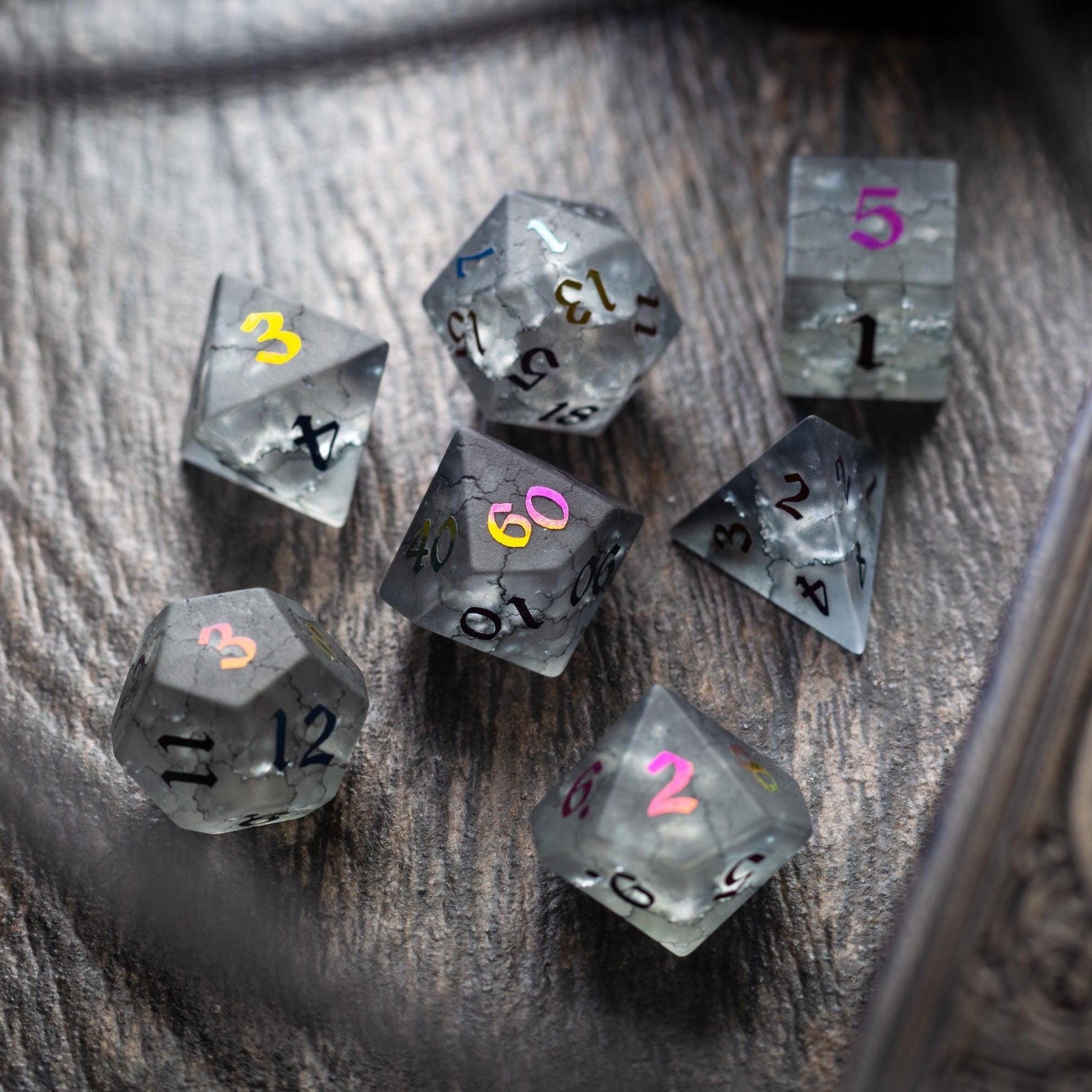 Black Inked Lightning Cracked Glass DND Dice Set Runic Dice