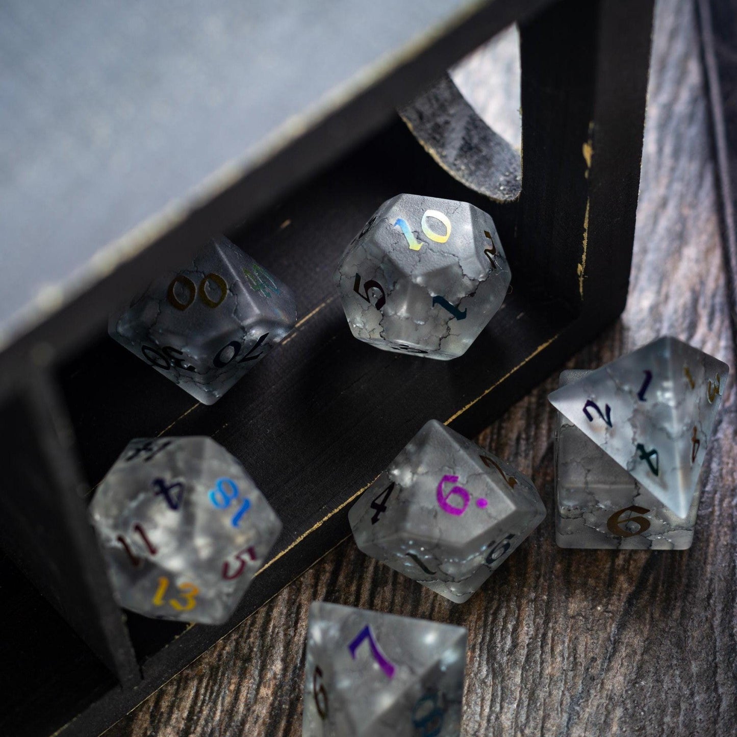 Black Inked Lightning Cracked Glass DND Dice Set Runic Dice