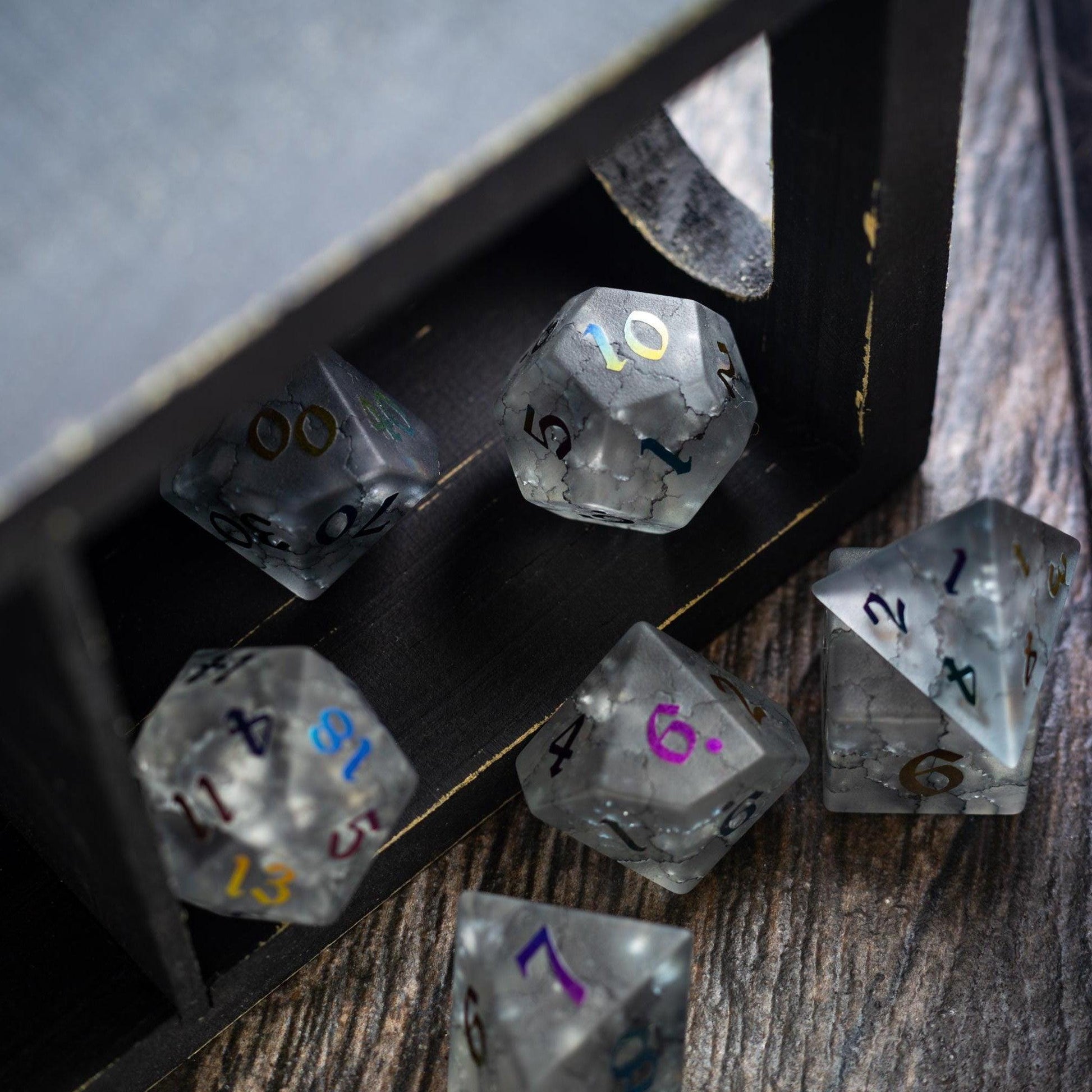 Black Inked Lightning Cracked Glass DND Dice Set Runic Dice