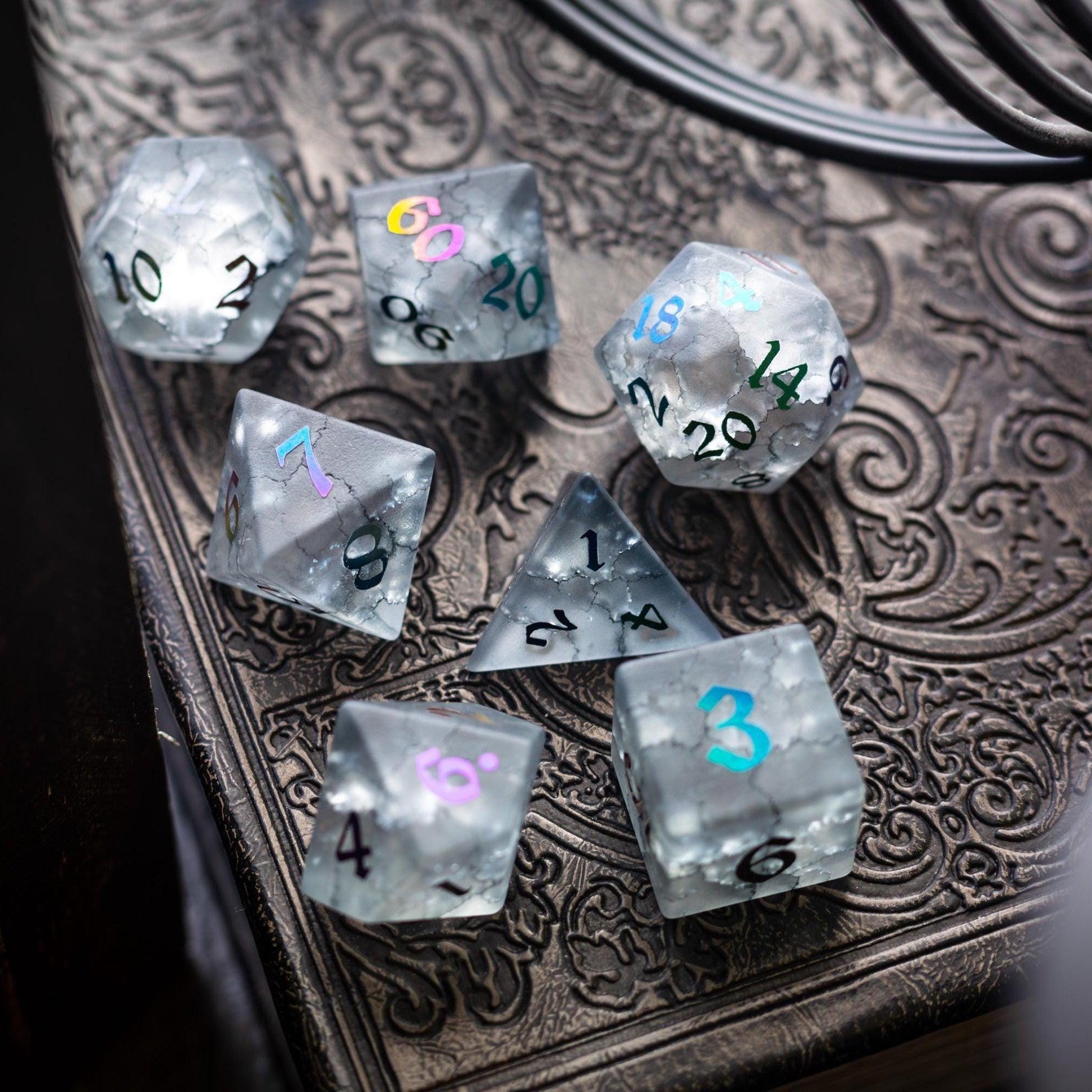 Black Inked Lightning Cracked Glass DND Dice Set Runic Dice
