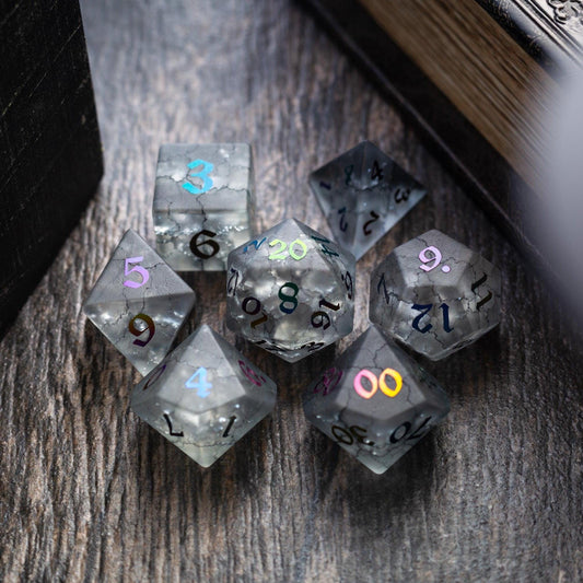Black Inked Lightning Cracked Glass DND Dice Set Runic Dice