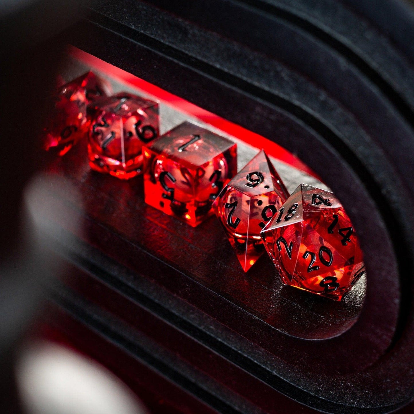 Blood Red Glitter Liquid Core Handmade Resin DND Dice Set Runic Dice