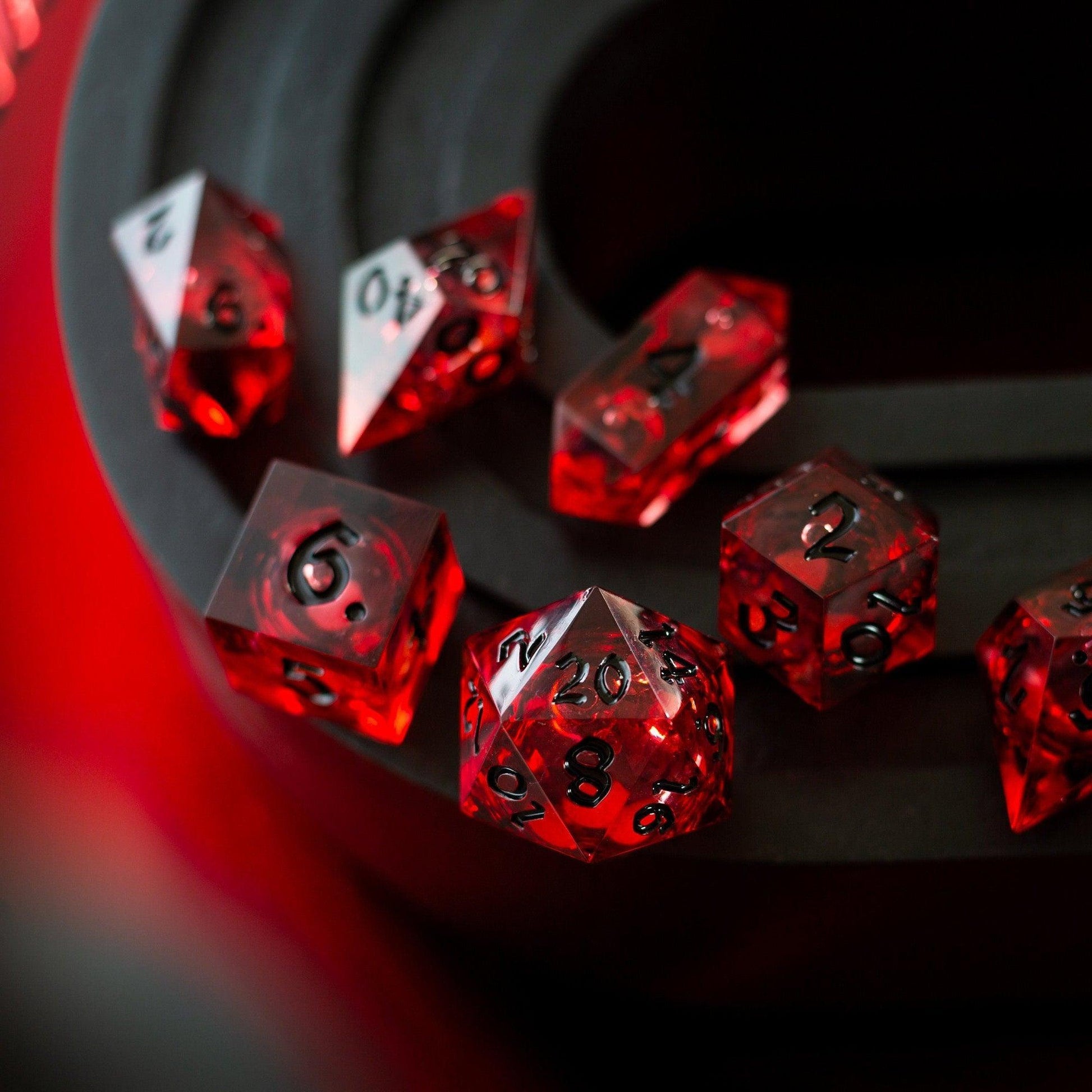 Blood Red Glitter Liquid Core Handmade Resin DND Dice Set Runic Dice
