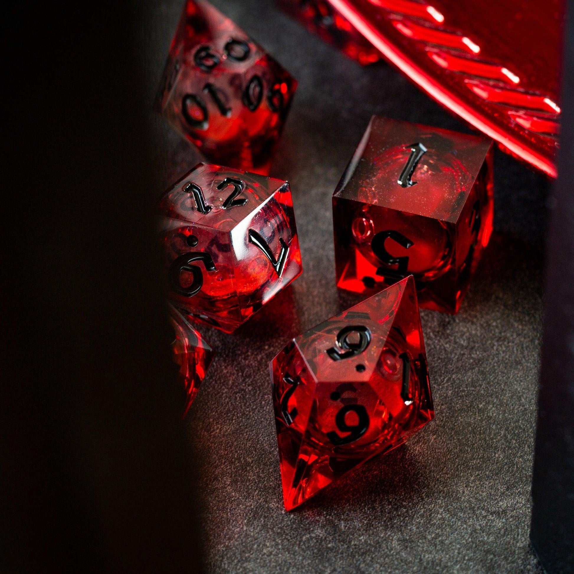 Blood Red Glitter Liquid Core Handmade Resin DND Dice Set Runic Dice