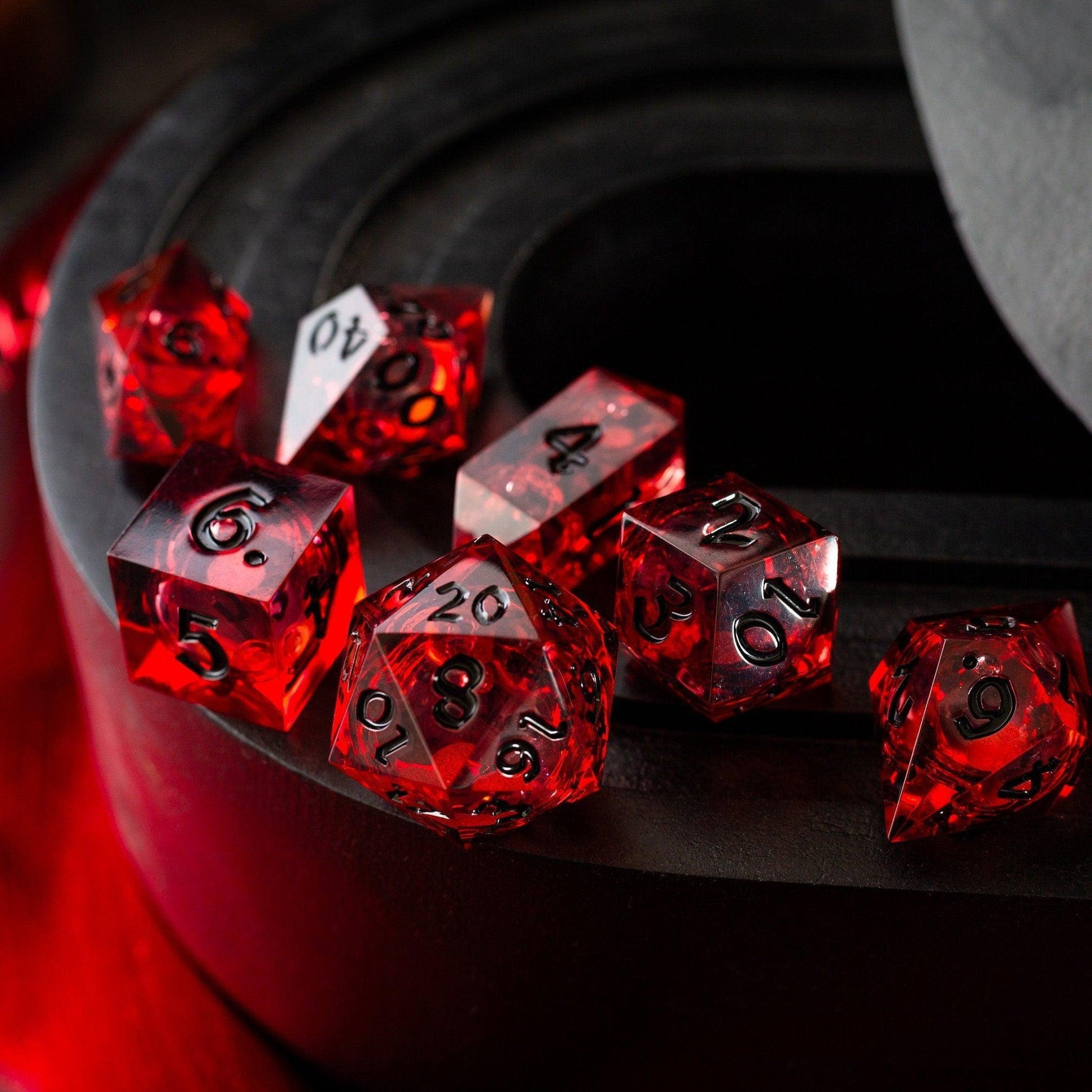 Blood Red Glitter Liquid Core Handmade Resin DND Dice Set Runic Dice