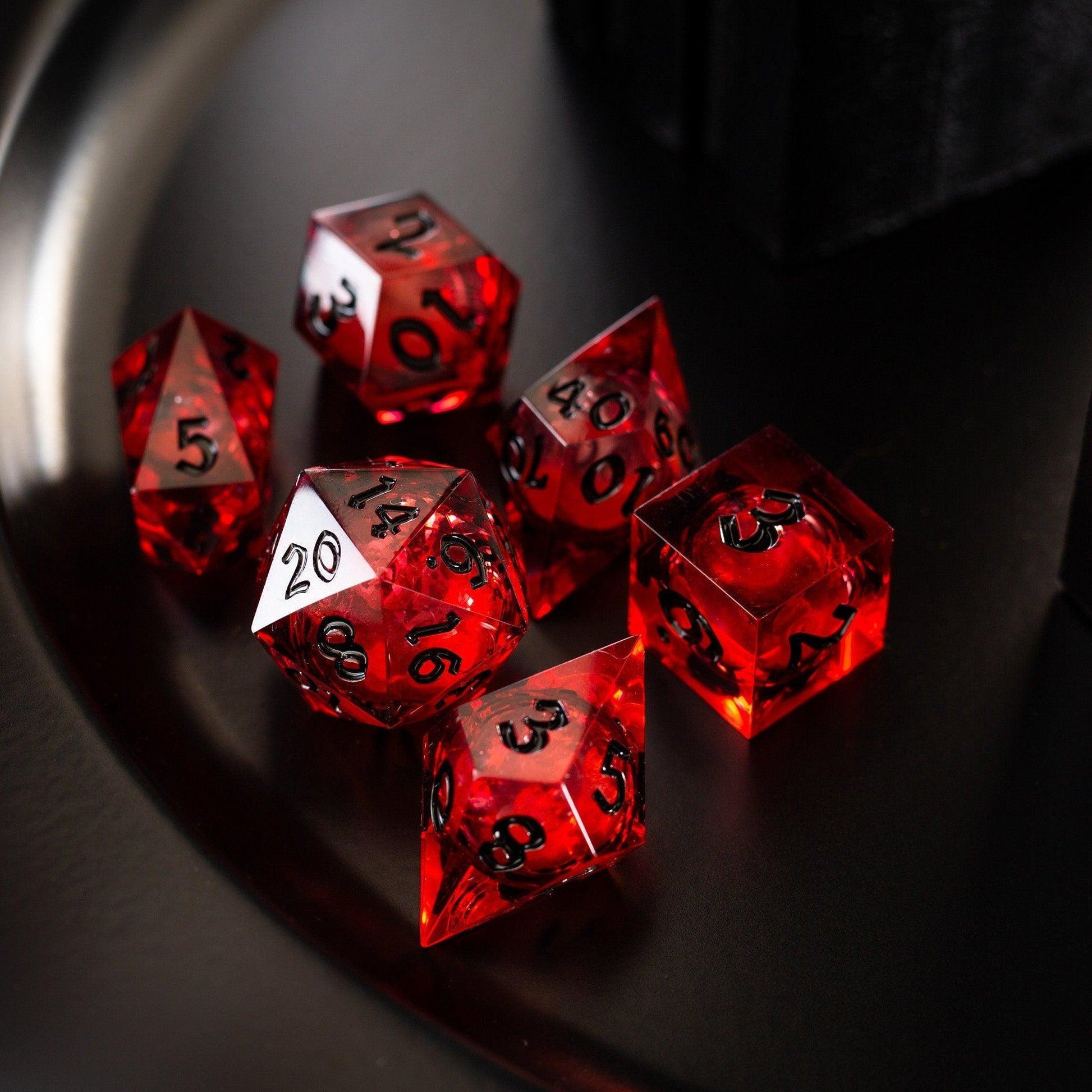 Blood Red Glitter Liquid Core Handmade Resin DND Dice Set Runic Dice