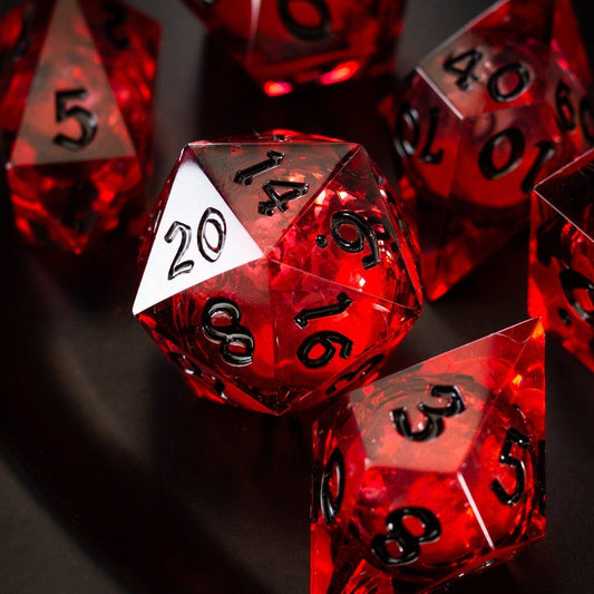 Blood Red Glitter Liquid Core Handmade Resin DND Dice Set Runic Dice