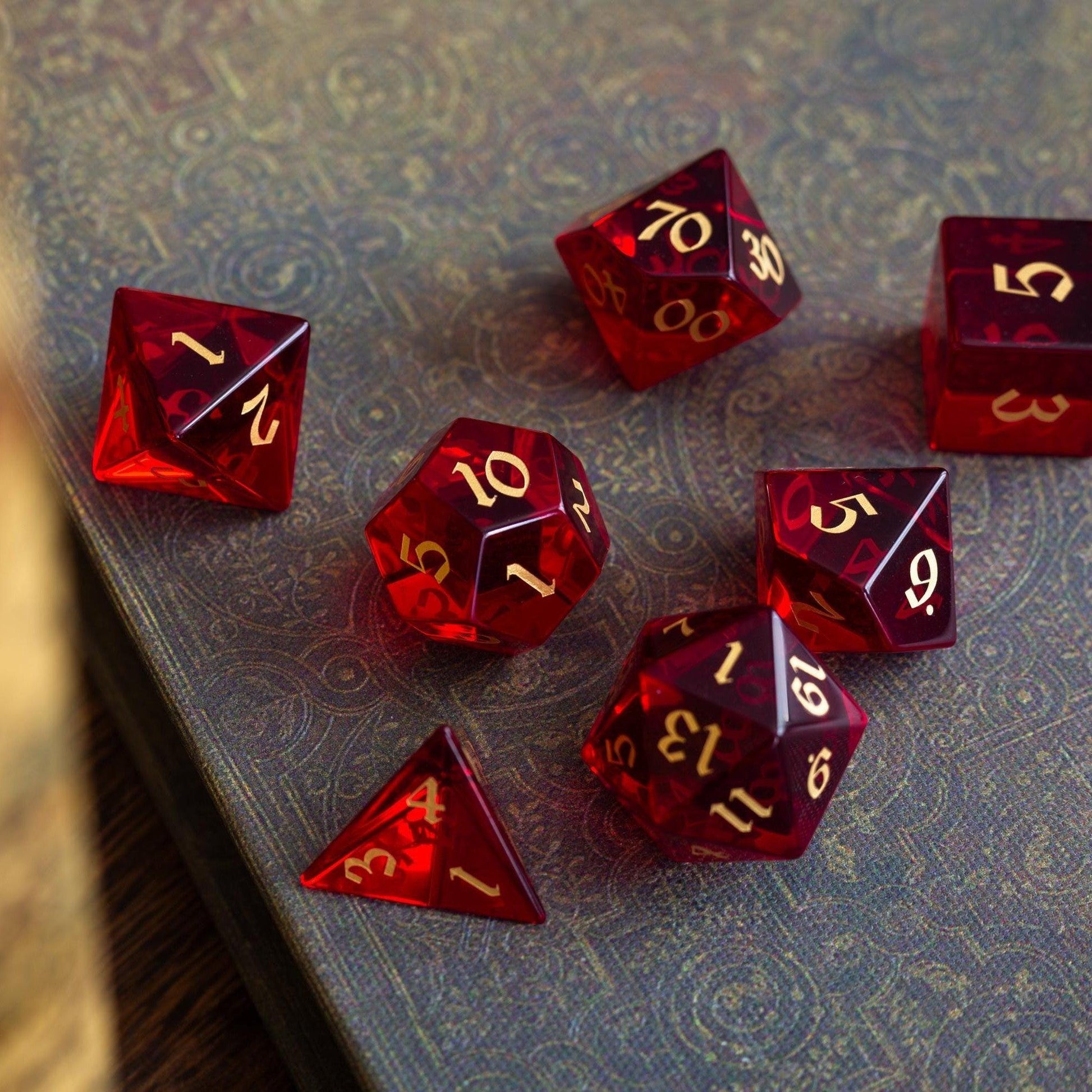 Blood Red Hand Carved Zircon Glass DND Dice Set Runic Dice