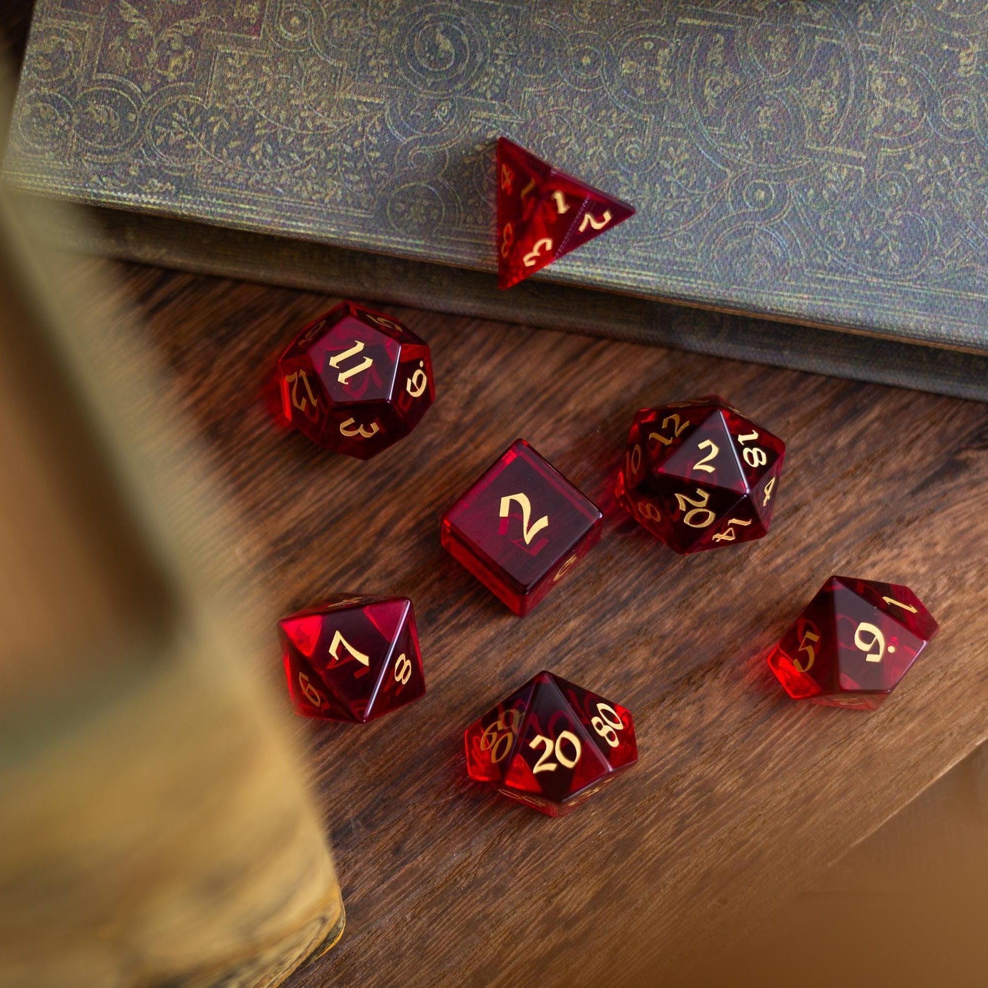 Blood Red Hand Carved Zircon Glass DND Dice Set Runic Dice