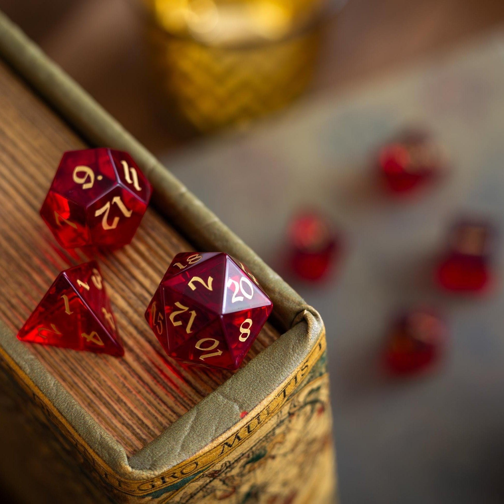 Blood Red Hand Carved Zircon Glass DND Dice Set Runic Dice