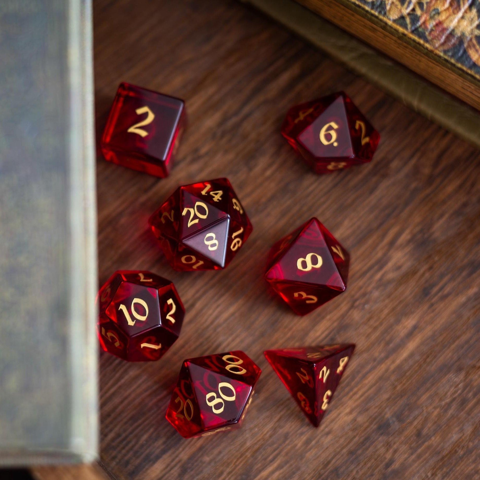 Blood Red Hand Carved Zircon Glass DND Dice Set Runic Dice