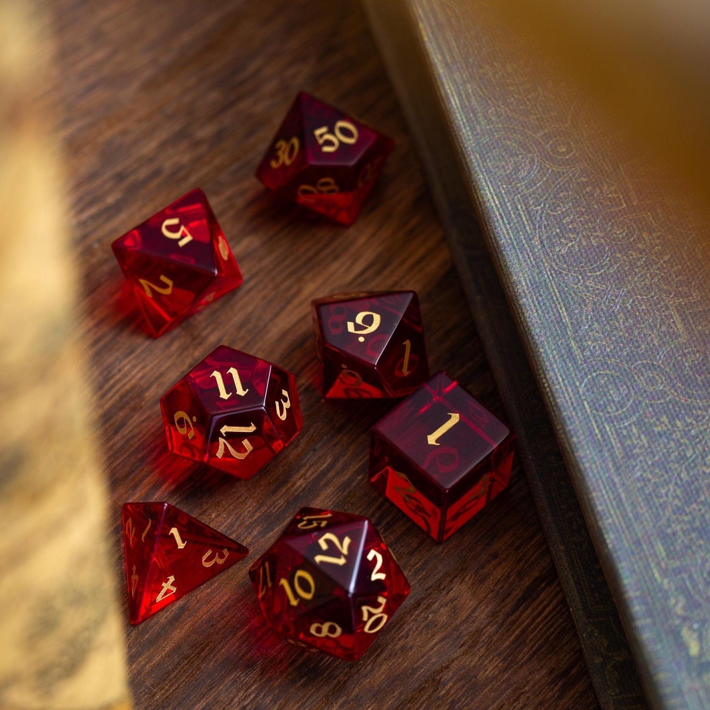 Blood Red Hand Carved Zircon Glass DND Dice Set Runic Dice