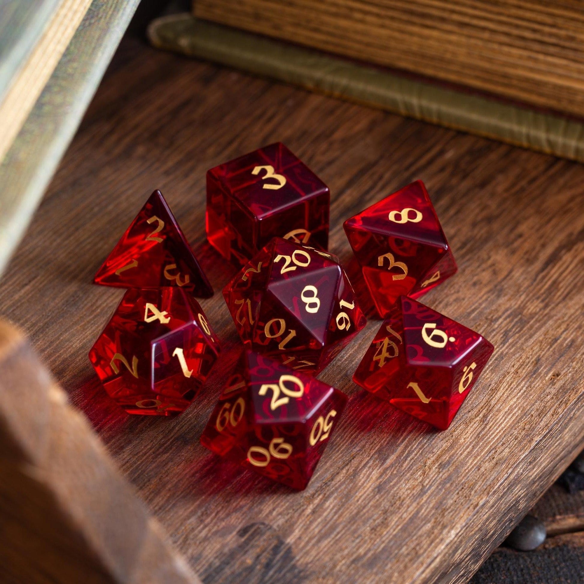Blood Red Hand Carved Zircon Glass DND Dice Set Runic Dice