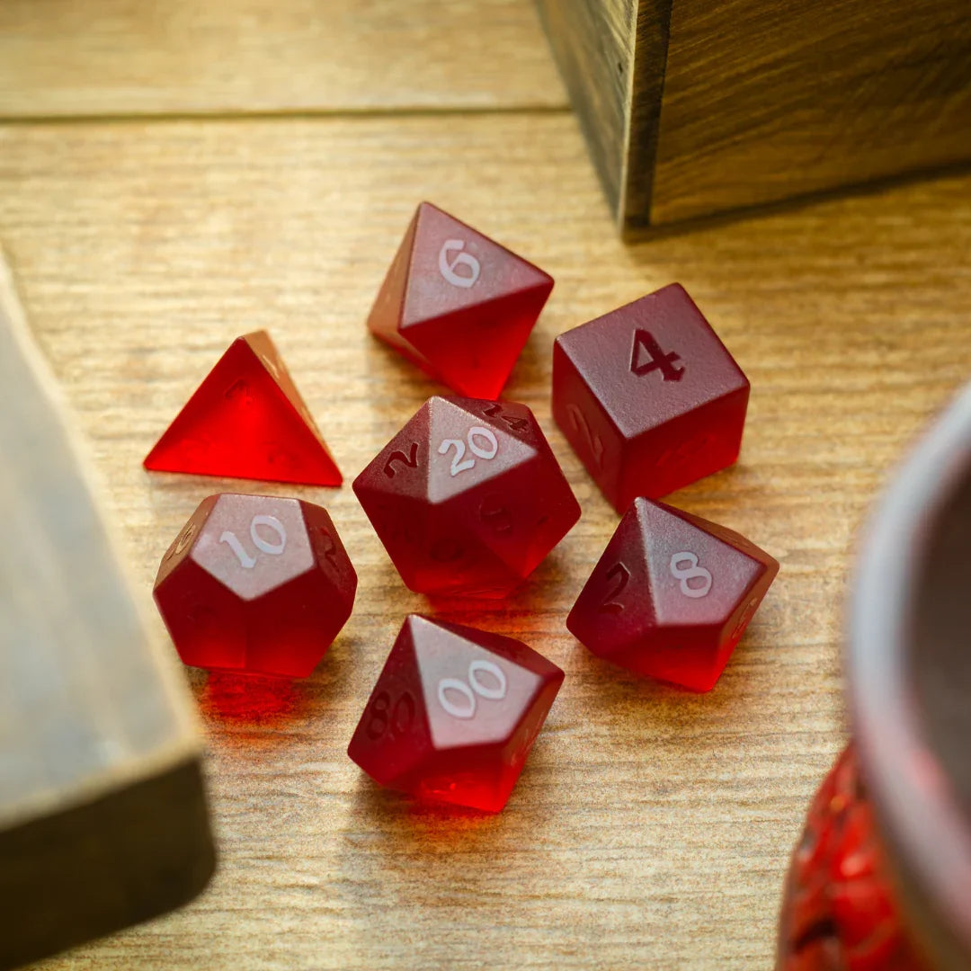 Blood Red Raised Zircon Glass Hand Carved DND Dice Set Runic Dice