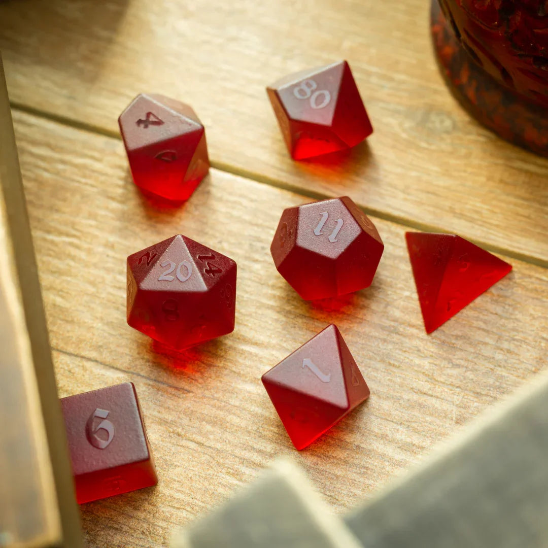 Blood Red Raised Zircon Glass Hand Carved DND Dice Set Runic Dice